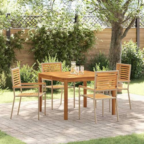 Runheo Garten Essgruppe 5-teilig, Beige, Massivholz Akazie, Outdoor Möbel Set mit Stapelstühlen, Terrassenmöbel für 4 Personen, wetterfest