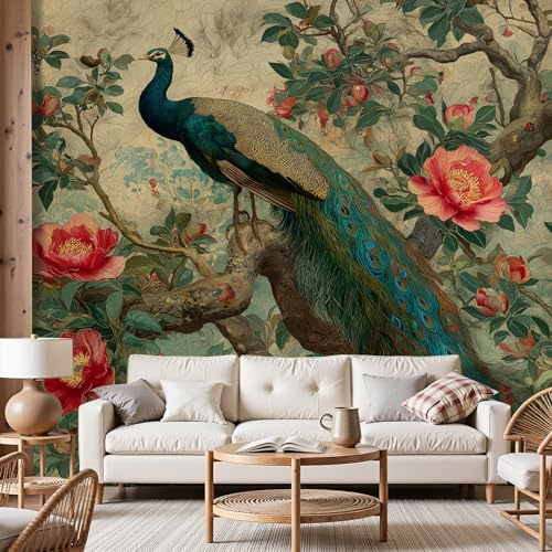 Dyjuaa Pfau Tapete Vliestapete Retro Blumen Vlies Fototapete 250x175 cm Vintage Chinesischer Fototapeten Tapeten für Wohnzimmer Schlafzimmer - Wandtapete Tapete