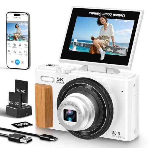 Cámara digital 5K 80MP WiFi Cámara fotográfica con pantalla de 3 180° Cámara compacta para principiantes, enfoque automático, zoom óptico 12X, 2 baterías, tarjeta de 16 GB