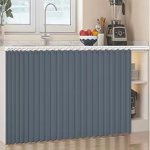 woxefo Selbstklebend Staubschutz Vorhang Schrankvorhang zum Schieben mit geräuscharmen Schienen Leinen wasserfest Multifunktional für Offene Regale Küche Kleiderschrank(B,W80xH70cm)