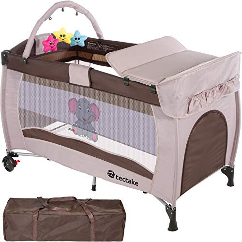 tectake® Cuna Bebe Plegable y Ajustable, Parque Infantil con Corralito y Bolsa de Transporte, Cama Infantil Portátil, Corral para Bebe - 132 x 75 x 104 cm Diseño Elefante Marrón