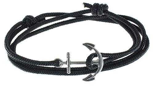 West Coast Paracord Men's Adjustable Nautical Anchor and Fish Hook Wrap Cuff Bracelets - Made of Nylon Rope (Black, Silver Anchor)