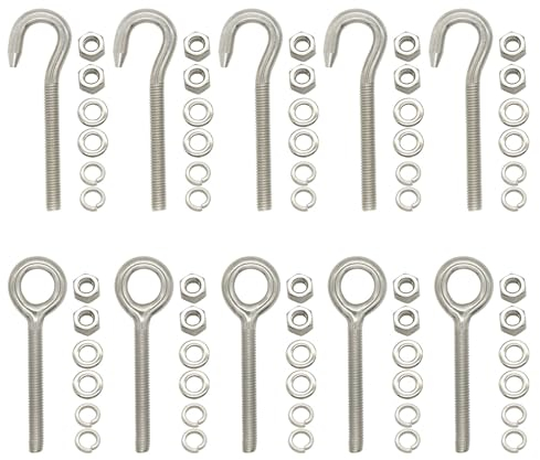 10 pernos de acero inoxidable M6 con anillo, gancho de tornillo soldado cerrado, pernos de tornillo y pernos con 20 tuercas, 40 arandelas