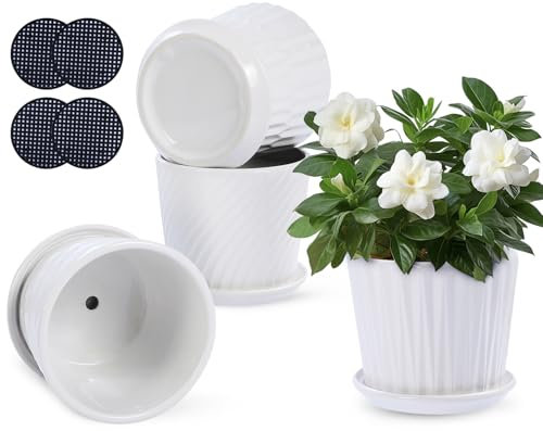 Lot de 4 Pots de Fleurs cylindriques en céramique avec Soucoupe connectée pour Plantes succulentes et Petits Serpents Blanc 14 cm