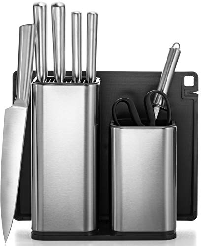 All-Inclusive 10-Piece Kitchen Knife Set with Block & Utensil Holder - 5 Stainless Steel Knives - Knife Sharpener - Kitchen Scissors - Chopping Board - Knifes & Utensils Storage, Universal Knives Set