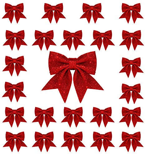 Whaline 24pcs Christmas Bow Decorations, Red Wreaths Bows, Small Christmas Tree Bow, 5.5in Sequin Bow Ties, Xmas Decorative Bows Ornaments for Home Christmas Party
