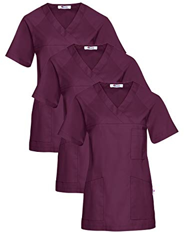 CLINIC DRESS Schlupfkasack 3er-Pack Damen Kasacks für Pflege Ärzte und Ärztinnen Praxisteam V-Ausschnitt Raglanärmel 95 Grad Wäsche Pflaume, XXL