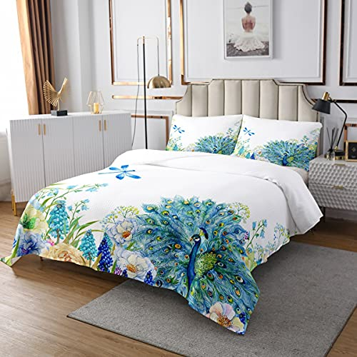 Homewish Pfau Tagesdecke Libelle Gesteppte Schwanzfedern Tagesdecke Set für Kinder Mädchen Frauen Traumtiere Blumen Aquarell Frische Natur Tagesdecke Quilt Set mit 1 Kissenbezug 240x260