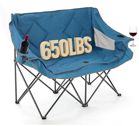 ARROWHEAD OUTDOOR Portable Folding Double Duo Camping Chair Loveseat w/ 2 Cup & Wine Glass Holder, Heavy-Duty Carrying Bag, Padded Seats & Armrests, Supports up to 500lbs, USA-Based Support