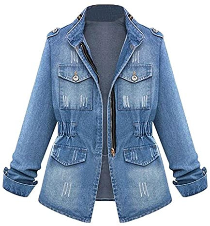 Modaworld Giacca di Jeans da Donna Slim Fit Giacca Vintage a Maniche Lunghe in Denim Giacca di Jeans Cappotto con Cerniera Giubbino Donna