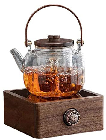 FAMYNGL Teapot Water Kettle Mug Pot Whistle Electric Heaters Tea Cooker Wooden Handle High Borosilicate Glass Tea Cooking Stove Large Capacity