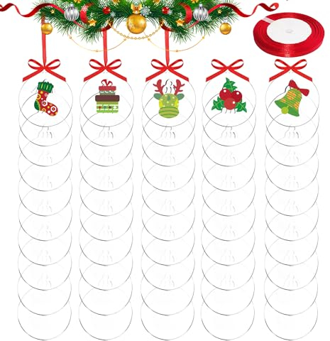 DARENYI 50 Stück Acryl Transparent Weihnachtskugeln 7.6cm Acrylscheibe Weihnachtskugel Christbaumkugeln zum Christmas Acryl Christbaumschmuck Weihnachtskugeln zum Bemalen für Weihnachtsdeko