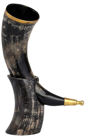 Brainmart Cuerno vikingo para beber con soporte de cuerno, cuerno genuino con bolsa de arpillera, acabado natural con auténtico estilo nórdico medieval | Juego de Tronos | 16 onzas (no personalizado)