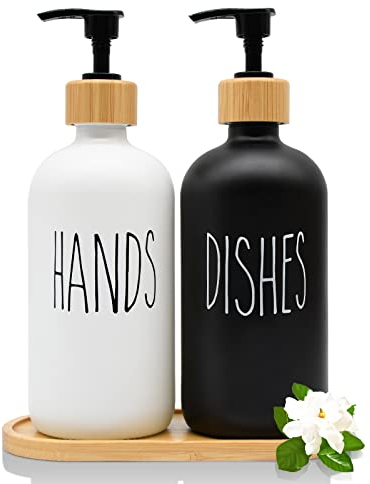 Glas Seifenspender Set, 500ml Badezimmer Schwarz und Weiss Handseifenspender Set mit Holz Tablett für Küche Spülmittel, Nachfüllbare Pumpspender für Küche Bad Arbeitsplatte