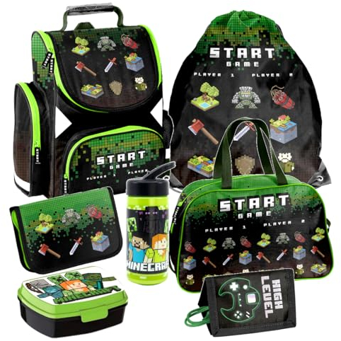 Player Schultasche Games Play Pixel 6 Teile Set Tornister Ranzen Schulranzen Tasche Federmappe mit Sticker-von-Kids4shop Schulrucksack