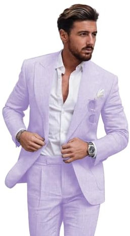 Vestito da uomo in lino composto da 2 pezzi, per estate, spiaggia, matrimoni, balli, balli di fine anno, con smoking e pantaloni, personalizzabile, viola chiaro, M