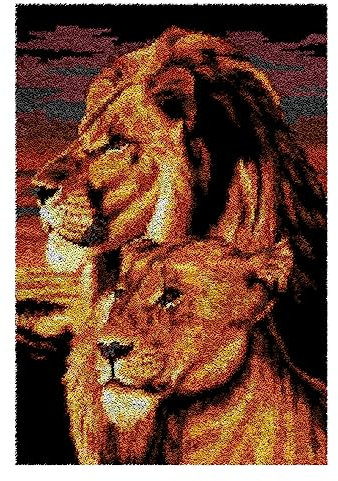 Knüpfteppich Zum Selber knüpfen mit Kissen, Teppich Set mit Werkzeug Knüpfsets Latch Hook Kit für Erwachsene, Knüpfen Teppich Knüpfpackung für Home Decor (Löwe, 60x90cm)