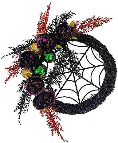 Bezaubernder Halloween-Angstkranz: Halloween-Haustürdekoration mit schwarzen Rosen und Buntem Luftballon Adventskranz Rohling Groß (Black, One Size)
