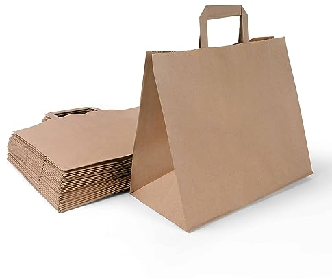 Inoverse 250 Stück Papiertragetaschen, Geschenktüten, 26+20x28 cm Papiertüten mit Henkel, Braun Kraftpapier Tüten, Papier Tragetasche, Papiertaschen, Papiertüten Klein
