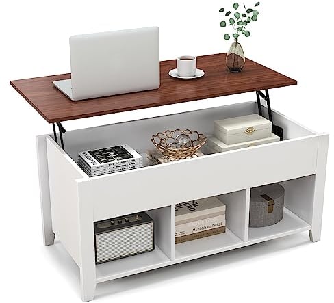 COSTWAY Lift Up Top Coffee Table, Wooden Lifting Cocktail Center Table with Hidden Compartment & 3 Open Storage Cubes, Rectangular Accent Sofa Side Tea Table for Living Room (White)