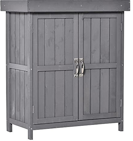 Outsunny Armario de Jardín de Madera 74x43x88 cm Cobertizo Exterior para Almacenamiento de Herramientas Leñas con 2 Puertas y Techo Asfáltico Abatible Gris