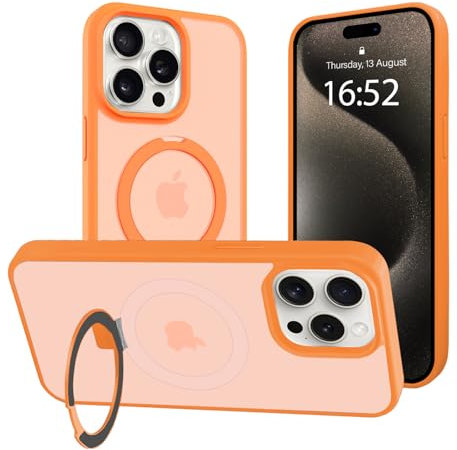 Case for iPhone 15 Pro Max, Cover for iPhone 15 Pro Max 6.7 inch 2023 TPU with MagSafe Charger Magnetic Ring Stand Camera Protection Shockproof Translucent Back (Orange)