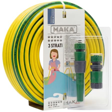 MAKA Kit Tubo Acqua Giardino 1/2 Pollice 25 Metri 3 Strati 12.5mm con Accessori Innesto Rapido Pressione 20 Bar Flessibile Retinato Resiste Caldo Gelo UV Riciclabile (1/2 25 metri)