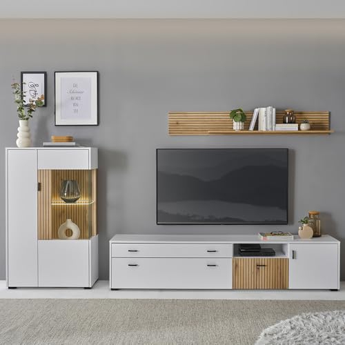Lomadox Wohnwand Anbauwand TV-Wand Mediamöbel Vitrinenschrank 200cm Lowboard Wandregal weiß matt Eiche gerillt
