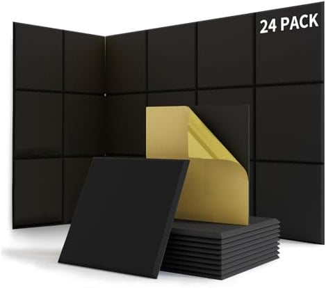 suzao Lot de 24 Panneaux Acoustiques Autocollants Mousse Acoustiques, Densité 213 kg/m³, NRC 0,90, 100% Fibre de Polyester, Mousse Anti Bruit Mural pour Décoration de Jeux, Bureaux, Studios