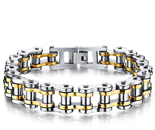 JewelryWe Herren Armband Fahrradkette Motorradkette: Große Schwere Edelstahl Biker Gliederkette Rock Band Armreif Gliederarmband Gold Silber