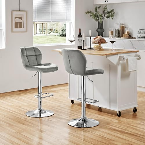 Yaheetech Barstools Set of 2, Velvet Adjustable Counter Stools, Modern Breakfast Bar Stools, Swivel Barstools with Backrest for Home Kitchen, Bar, Restaurant, Light Grey