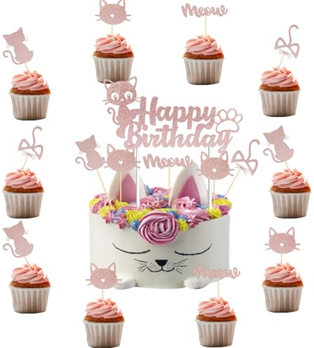KOBOKO 25 Stück Goldrosa Glitzer Katze Cupcake Topper Junge & Mädchen, Katze Geburtstag Cupcake Topper, Miau Tortendeko, Katzen Muffin Deko Geburtstag für Kindergeburtstag, Pet Birthday Party