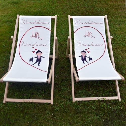 Krause & Sohn Liegestuhl aus Buchenholz Bedruckt mit Motiv Geschenkidee Geburtstag Hochzeit Muttertag Vatertag Garten Balkon Terasse Hochzeitsgeschenk (Personalisiert Mr. & Mr. - 2 Liegestühle)