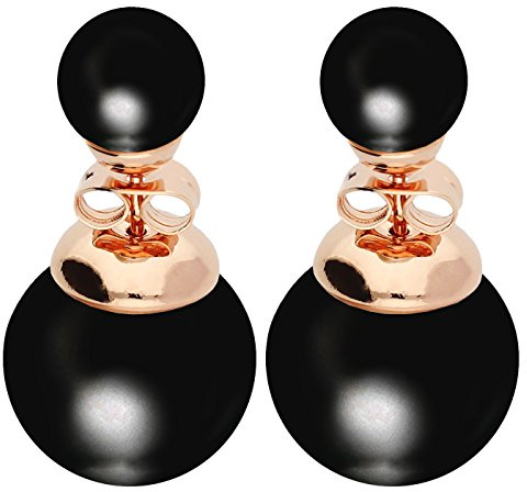 LÖB Ohrstecker Doppel Ohrringe 750er Roségold Vergoldet Perlen Schwarz, Damen Perlenohrringe Perlenohrstecker Glitzer Stein Front Back Set Rose Gold Schmuck