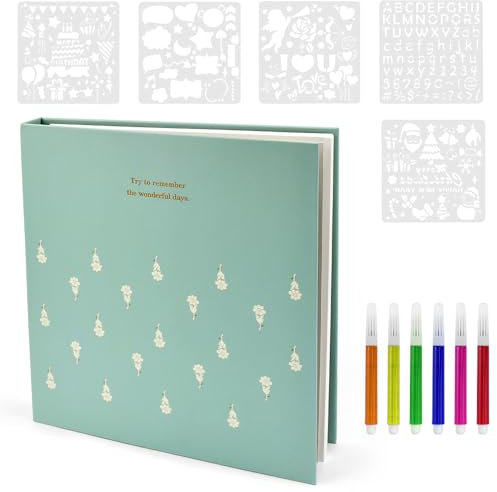 KYYGKY Álbum de Fotos, Album Scrapbook Autoadhesivo con Separadores de Celofán, DIY Album Fotos Scrapbook de 25 Páginas con 5 Plantillas y 6 Rotuladores de Colores para Boda Cumpleaños 23.5*23*3cm