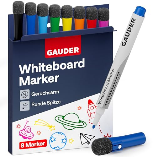 GAUDER Whiteboard Marker Set (8 Stück) | Whiteboard Stifte (8 Farben) | trocken und rückstandsfrei abwischbar | Dry Erase Marker mit Schwamm ideal für Whiteboards und Magnettafeln