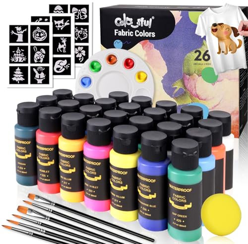 Colorful Juego de pintura textil con 6 pinceles, 1 paleta, 26 colores, 60 ml, impermeable, kit de pintura textil permanente para adultos para artes en ropa, zapatos y lienzos