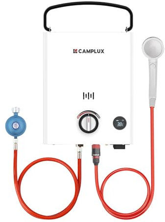 CAMPLUX First Calentador de Agua a Gas 5 Litros con Mango, GPL (50mbar), para Áreas Fuera de la Red, F5-DE