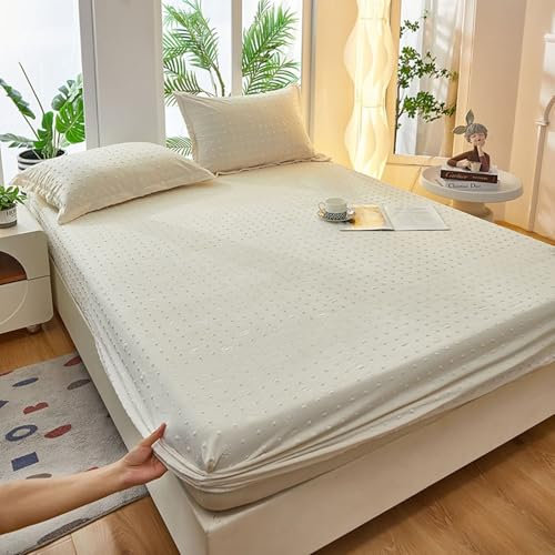 Homxi Spannlaken für Boxspringbetten,120 x 200 cm,Betttuch für Hohe Matratzen Samt Einfarbige Farbe mit Herz Muster Bettwäsche Einzelbett Beige Weiß