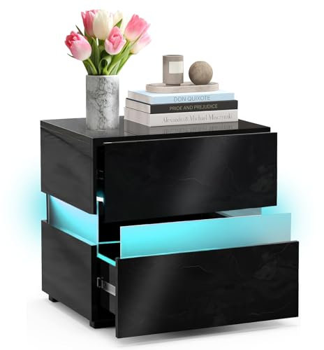 ADOV LED Bedside Table, Modern Nightstand Storage Cabinet Organiser with 2 Drawers, 16 Adjustable RGB Light Colours and Remote Control, 4-Side High Gloss Side Table for Bedroom, Living Room (BLACK)