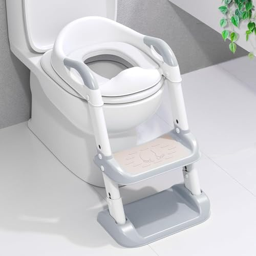 Potty Training Toilet Seat, Adjustable Height Toddler Toilet Seat and Step, Splash Guard Anti-Slip Pad Step Stool Ladder, Foldable Portable & Space Efficient, Toilet Steps for Kids Boys Girls