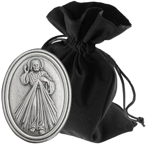 Lunexus Plakette Magnet Barmherziger Jesus Oval - Silber, 3,6cm | Metallprägung mit Klebepad - Schutzsymbol für Autofahrer & Zuhause - gesegnet, geweiht - inkl. Samtbeutel