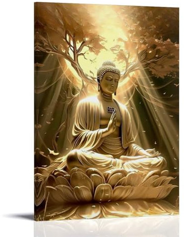 SFXHHWG Buddhismus Goldene Buddha-Statue auf Lotus-Thron, exquisite moderne Familie, dekoratives Gemälde für Wohnzimmer, Schlafzimmer, Leinwand, Wandkunstdruck, Bild, 40 x 60 cm