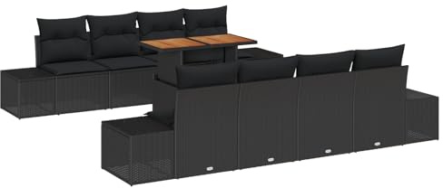 vidaXL 9-teiliges Garten-Esstisch-Set mit Kissen, schwarzes Poly-Rattan, Akazienholz, für außen. Modular, langlebig, bequem und stylisch für jeden Raum – Patio, Sofa, Terrassen-Sets.