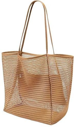 MSLSOZ Wiederverwendbare Einkaufstasche, Netz-Strandtasche, 22 l, Khaki, Einkaufstasche mit Doppelgriffen, Tasche für Damen, khaki, 22L
