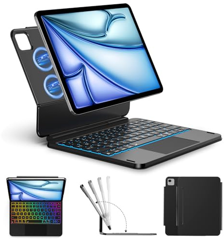 ORDA Funda de teclado para iPad Air de 13 pulgadas (M3 2025 / M2 2024), iPad Pro de 12.9 pulgadas (3ª/4ª/5ª/6ª generación), teclado mágico flotante fácil de configurar, soporte magnético en voladizo