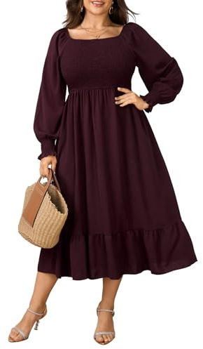 SCOMCHIC Women's Plus Size Maxi Dress Long Sleeve Square Neck Dress Casual Smocked Ruffle Swing Flowy Long Fall Dresses, Burgundy, 4XL Plus