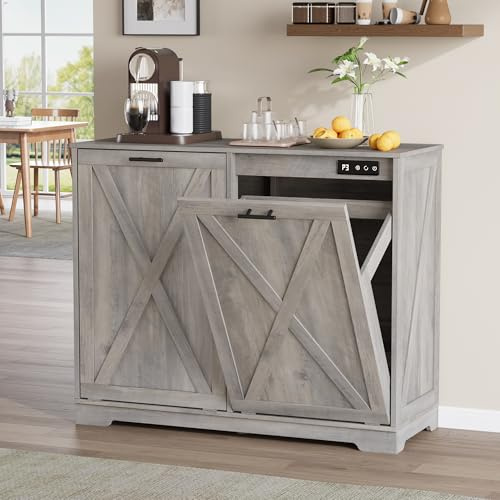 BOXACTION Double Tilt Out Trash Can Cabinet, Wooden Farmhouse Kitchen Garbage Bin Enclosure with Negative Ion Odor Control, Hidden Dog Proof Trash or Laundry Basket Storage for Laundry Room, Grey