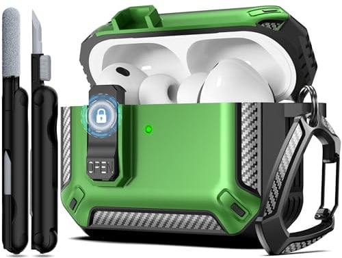 RFUNGUANGO Schutzhülle für Airpods Pro 3 Hülle mit Reinigungsset und Karabiner, Kompatibel Magsafe, Front-LED Sichtbar, Grün