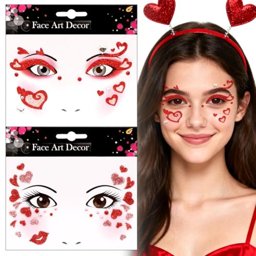 Face Art Sticker Herzen, Herz Sticker Gesicht, Aufkleber Gesicht Karneval,Gesichtstattoo Glitzer, Amor Kostüm Accessoires Karneval, Herzen Amor schminke